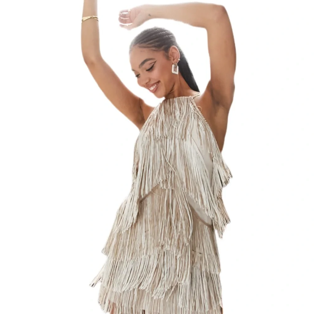 ASOS DESIGN Layered Fringe Tassel Mini Dress Chain Strap Showgirl Vibes Size 12 - Picture 8 of 15